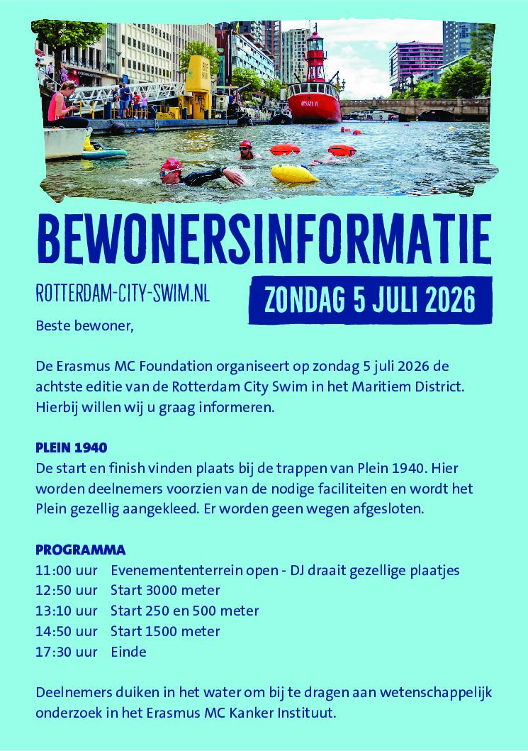 Rotterdam City Swim op zondag 5 juli a.s. in Maritiem District